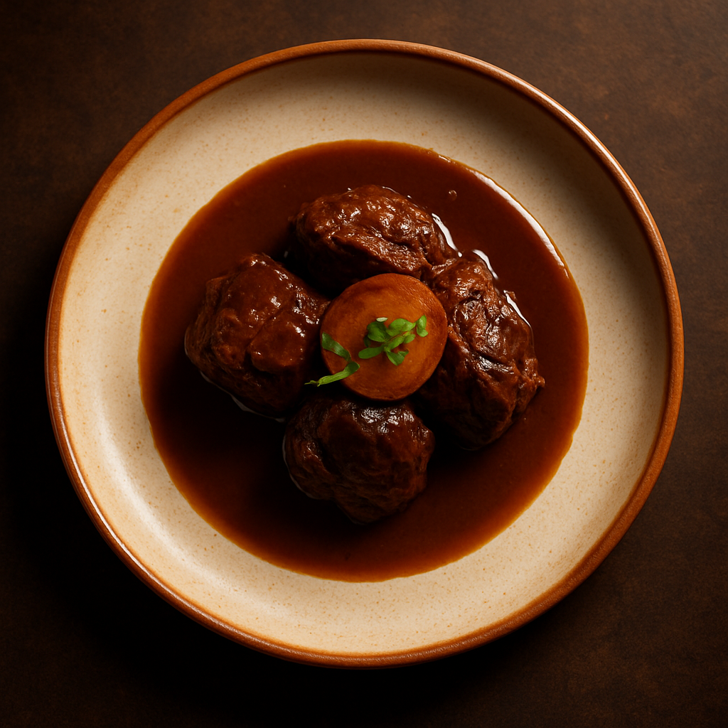 Plato de carrilleras en su jugo con puré de papas elaborado por Fogón Club